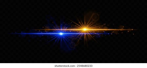 Dynamic blue and orange light burst with radiant beams and glowing particles. Ideal for sci-fi designs, energy effects, futuristic wallpapers, or light transition effects. Vibrant and eye-catching.