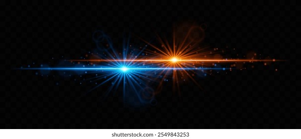 Dynamic blue and orange light burst with radiant beams and glowing particles. Ideal for sci-fi designs, energy effects, futuristic wallpapers, or light transition effects. Vibrant and eye-catching.