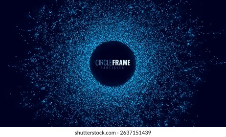 Dynamic Blue Particle Ring, Abstract Glowing Circle Frame with Tech Light Burst Effect on Dark Background. Vector Illustration.