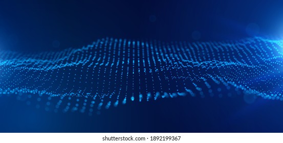 Ola dinámica de partículas azules. Visualización de sonido abstracto. Estructura digital de flujo. Tecnología de datos en malla o en cuadrícula.