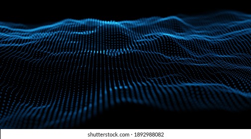 Dynamic blue particle wave. Abstract sound visualization. Flow digital structure. Mesh landscape or grid data technology.