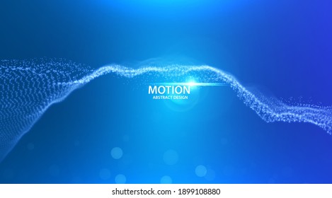Dynamic blue particle wave. Abstract sound visualization. Flow digital structure. Mesh landscape or grid data technology.