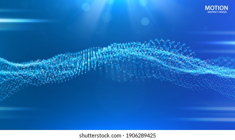Dynamic blue particle wave. Abstract sound visualization. Flow digital structure. Mesh landscape or grid data technology.