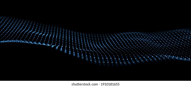 Dynamic blue particle wave. Abstract sound visualization. Flow digital structure. Mesh landscape or grid data technology.