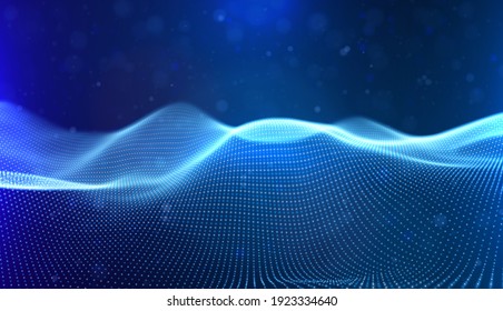 Ola dinámica de partículas azules. Visualización de sonido abstracto. Estructura digital de flujo. Tecnología de datos en malla o en cuadrícula.