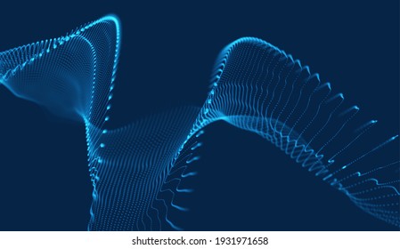 Dynamic blue particle wave. Abstract sound visualization. Flow digital structure. Mesh landscape or grid data technology.