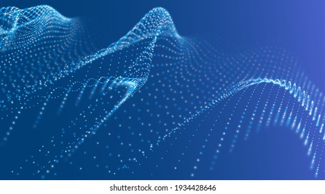 Ola dinámica de partículas azules. Visualización de sonido abstracto. Estructura digital de flujo. Tecnología de datos en malla o en cuadrícula.
