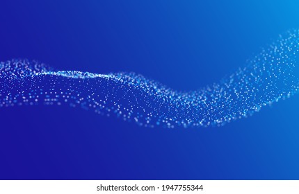 Dynamic blue particle wave. Abstract sound visualization. Flow digital structure. Mesh landscape or grid data technology.