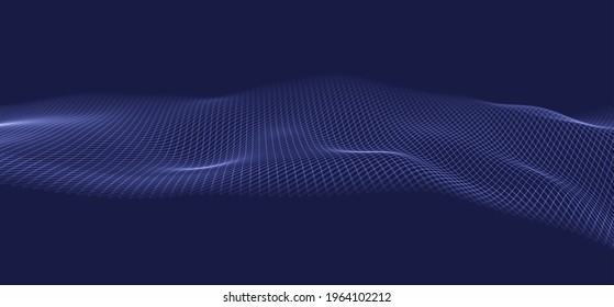Ola dinámica de partículas azules. Visualización de sonido abstracto. Estructura digital de flujo. Tecnología de datos en malla o en cuadrícula.
