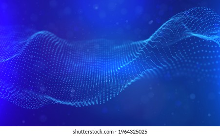 Dynamic blue particle wave. Abstract sound visualization. Flow digital structure. Mesh landscape or grid data technology.
