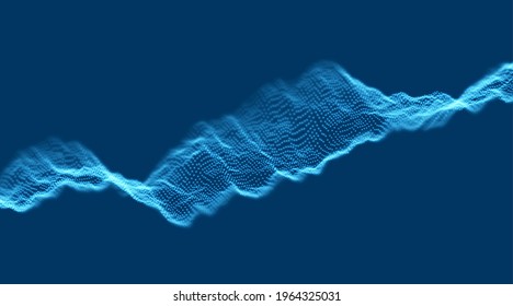 Dynamic blue particle wave. Abstract sound visualization. Flow digital structure. Mesh landscape or grid data technology.