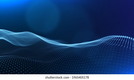 Dynamic blue particle wave. Abstract sound visualization. Flow digital structure. Mesh landscape or grid data technology.