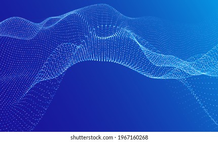 Dynamic blue particle wave. Abstract sound visualization. Flow digital structure. Mesh landscape or grid data technology.