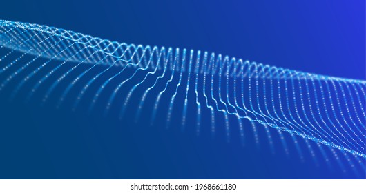 Dynamic blue particle wave. Abstract sound visualization. Flow digital structure. Mesh landscape or grid data technology.