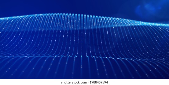 Dynamic blue particle wave. Abstract sound visualization. Flow digital structure. Mesh landscape or grid data technology.