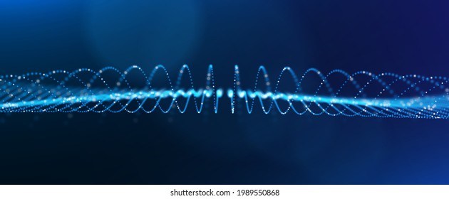 Ola dinámica de partículas azules. Visualización de sonido abstracto. Estructura digital de flujo. Tecnología de datos en malla o en cuadrícula.
