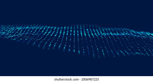 Ola dinámica de partículas azules. Visualización de sonido abstracto. Estructura digital de flujo. Tecnología de datos en malla o en cuadrícula.