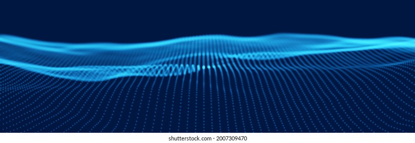 Ola dinámica de partículas azules. Visualización de sonido abstracto. Estructura digital de flujo. Tecnología de datos en malla o en cuadrícula.
