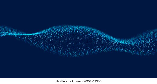Dynamic blue particle wave. Abstract sound visualization. Flow digital structure. Mesh landscape or grid data technology.