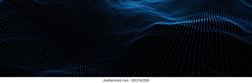 Ola dinámica de partículas azules. Visualización de sonido abstracto. Estructura digital de flujo. Tecnología de datos en malla o en cuadrícula.