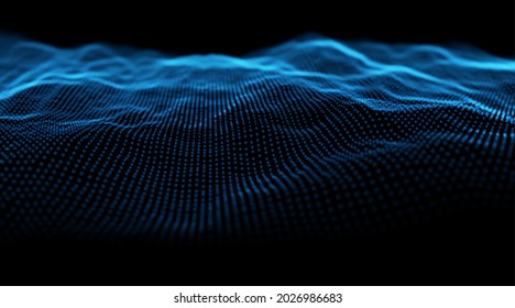Dynamic blue particle wave. Abstract sound visualization. Flow digital structure. Mesh landscape or grid data technology.