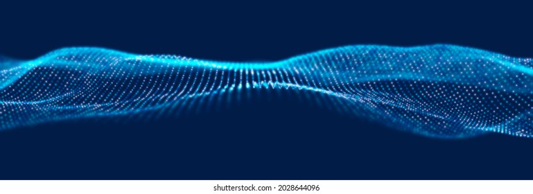Dynamic blue particle wave. Abstract sound visualization. Flow digital structure. Mesh landscape or grid data technology.