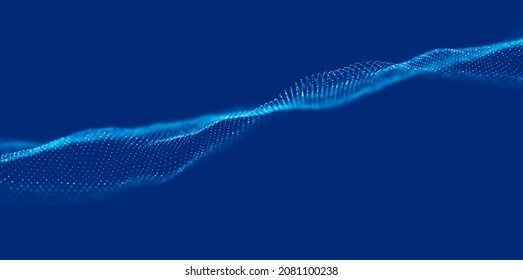 Ola dinámica de partículas azules. Visualización de sonido abstracto. Estructura digital de flujo. Tecnología de datos en malla o en cuadrícula.
