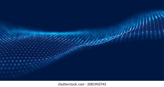 Dynamic blue particle wave. Abstract sound visualization. Flow digital structure. Mesh landscape or grid data technology.