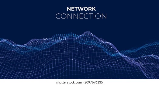 Dynamic blue particle wave. Abstract sound visualization. Flow digital structure. Mesh landscape or grid data technology.