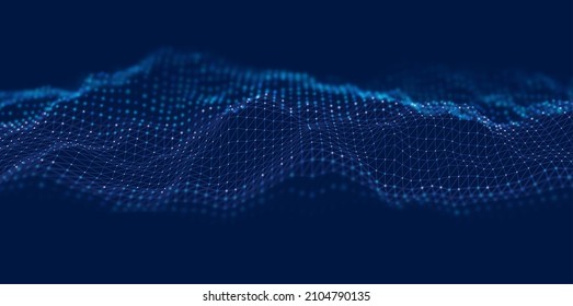 Dynamic blue particle wave. Abstract sound visualization. Flow digital structure. Mesh landscape or grid data technology.