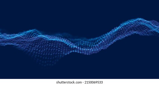 Dynamic blue particle wave. Abstract sound visualization. Flow digital structure. Mesh landscape or grid data technology.