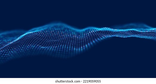 Dynamic Blue Particle Wave. Abstract Sound Visualization. Flow Digital Structure. Mesh Landscape Or Grid Data Technology.