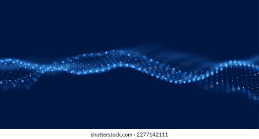 Ola dinámica de partículas azules. Visualización de sonido abstracto. Estructura digital de flujo. Tecnología de datos en malla o en cuadrícula.
