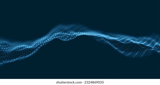 Dynamische blaue Teilchenwelle. Abstrakte Klangvisualisierung. digitale Flussstruktur. Mesh Landschaft oder Gitterdatentechnologie.