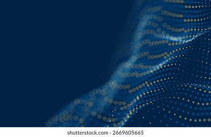 Dynamic blue particle wave. Abstract sound visualization. Flow digital structure. Mesh landscape or grid data technology.