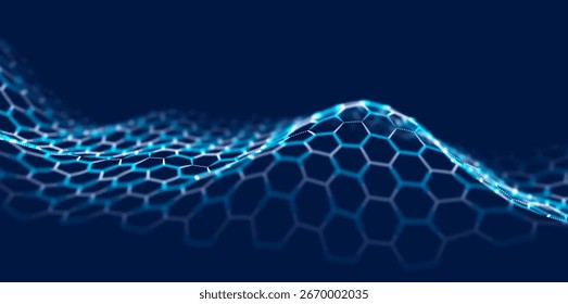 Dynamic blue particle wave. Abstract sound visualization. Flow digital structure. Mesh landscape or grid data technology.