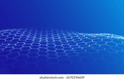 Onda de partícula azul dinâmica. Visualização de som abstrata. Estrutura digital de fluxo. Tecnologia de dados de grade ou cenário de malha.