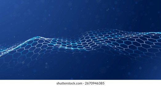 Dynamic blue particle wave. Abstract sound visualization. Flow digital structure. Mesh landscape or grid data technology.