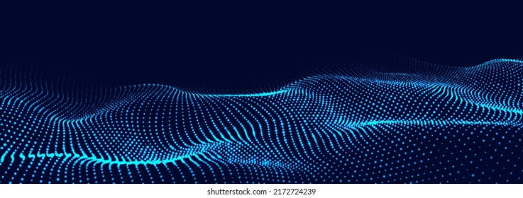 Dynamic blue particle wave. Futuristic point glowing wave. Flow digital structure. Data technology background. Vector illustration.