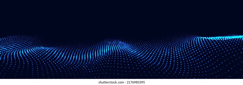 Dynamic blue particle wave. Futuristic point glowing wave. Flow digital structure. Data technology background. Vector illustration.