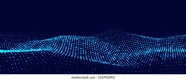 Dynamic blue particle wave. Futuristic point glowing wave. Flow digital structure. Data technology background. Vector illustration.