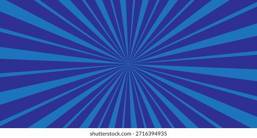 A dynamic blue radial burst background with alternating light and dark rays converging at the center, creating a bold sense of motion, energy, and depth.