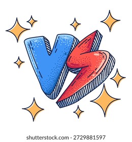 Dynamic blue and red Versus (VS) typography featuring a lightning bolt and sparkling stars