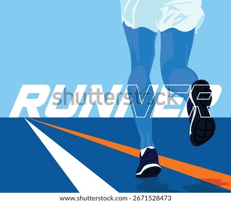 Dynamic blue runner illustration, close-up athlete legs running on track with sporty energy and bold red background