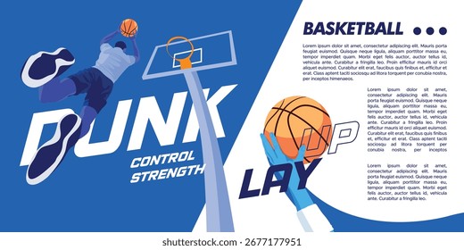 Dynamic blue silhouette of a basketball player, modern vector illustration banner.