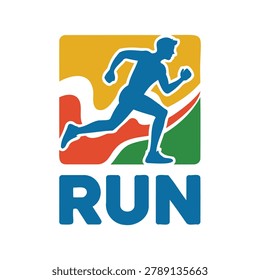 Dynamic blue silhouette of a runner in motion with colorful abstract shapes and the word RUN