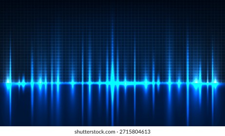 dynamic blue sound wave is visually analyzed on dark futuristic screen, designed to represent technology and data. abstract background graphic is ideal for music, podcast, or cyber concepts