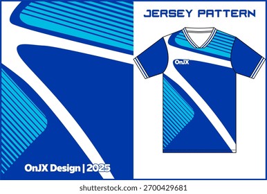 Patrón de jersey deportivo azul dinámico con curva blanca y rayas cian. Diseño de Vector moderno por OnJX Design 2025. Perfecto para el fútbol, el fútbol sala y el deporte de equipo. Aspecto limpio, atrevido y profesional.