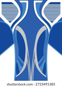 Dynamisches blaues Sporttrikot mit symmetrisch gekrümmten Formen und Streifendetails. Perfekt für Fußball-Kits, Sporttrikots, Teamuniformen, Aktivbekleidung und Sublimationstextildruck.