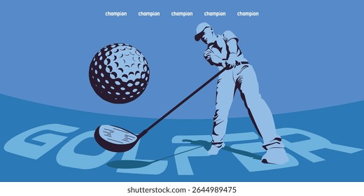 Dynamic Blue sporty male Golfer in mid-swing, wielding a gold club silhouette illustration.